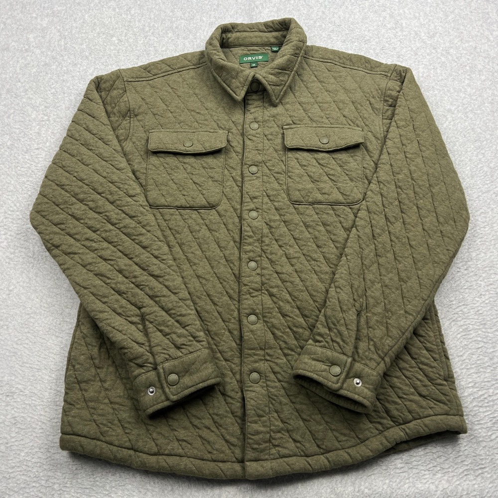Orvis Outdoor Quilted Shirt Jacket Mens Medium Green Snap Front Cotton Utility